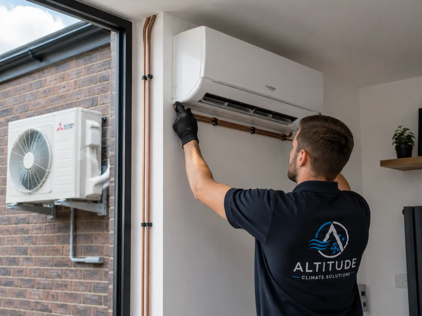 Altitude Climate Solutions engineer installing split air conditioning on site.