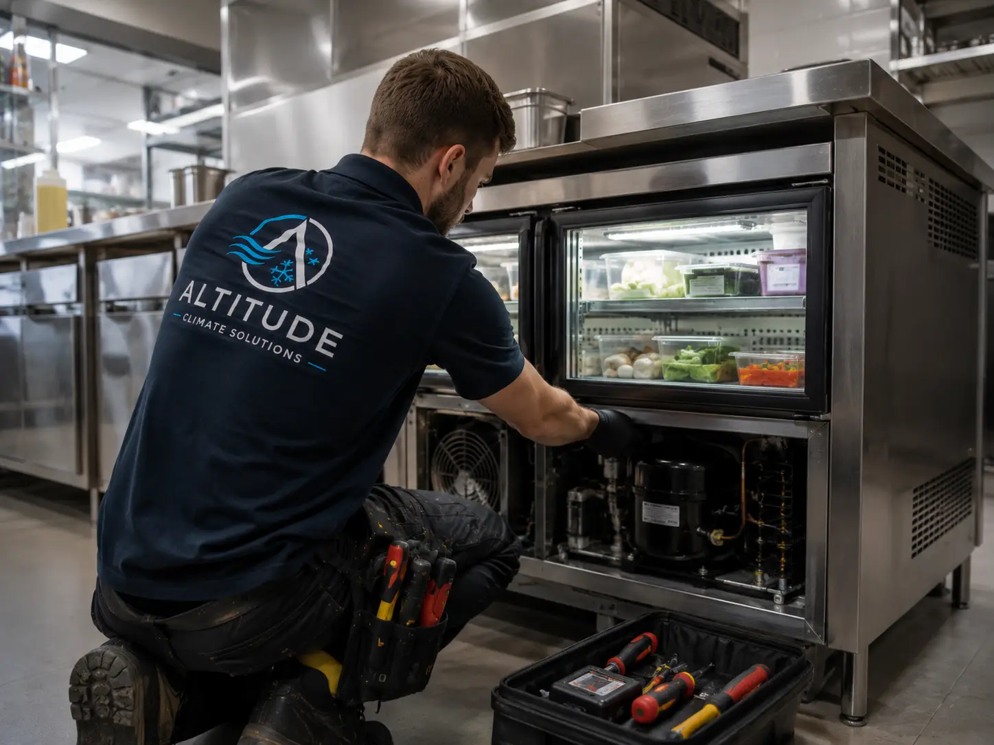 Engineer repairing commercial refrigeration at a Midlands catering business.